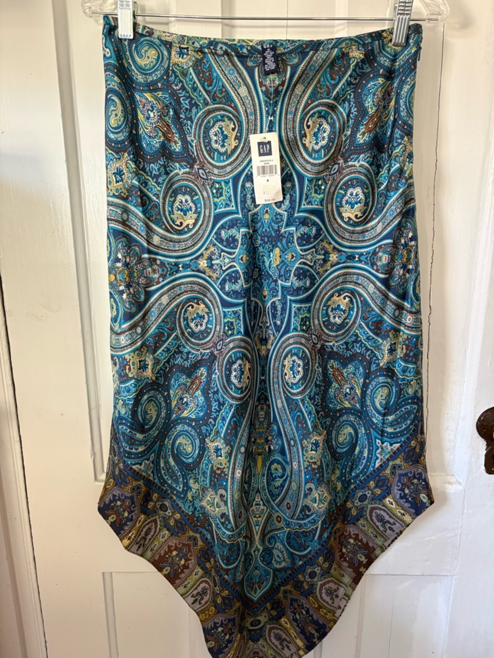 Y2K GAP Teal and Blue Paisley 100% Silk Asymmetrical Boho Handkerchief Hem Skirt